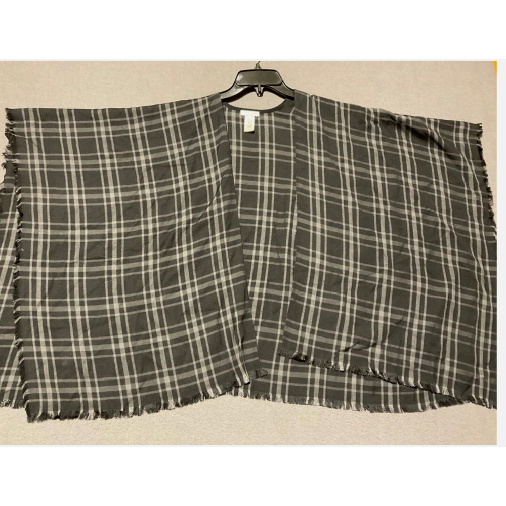 J. Jill‎ Poncho Womens One Size Gray Plaid Kimono Lightweight Fringe Open Front